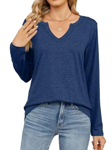 Womens-V-Neck-Long-Sleeve-T-Shirt-Loose-Fit-Solid-Color-Top-Autumn-Winter-Casual-Basic-in-Stock-ODM