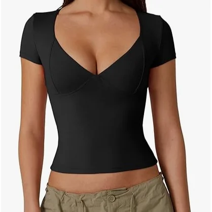 Womens-V-Neck-Short-Sleeve-Double-Layer-Breathable-Nylon-Summer-Casual-T-Shirts-Tee-Seamed-Cup-Going-Out-Tops-tshirt-women-custom