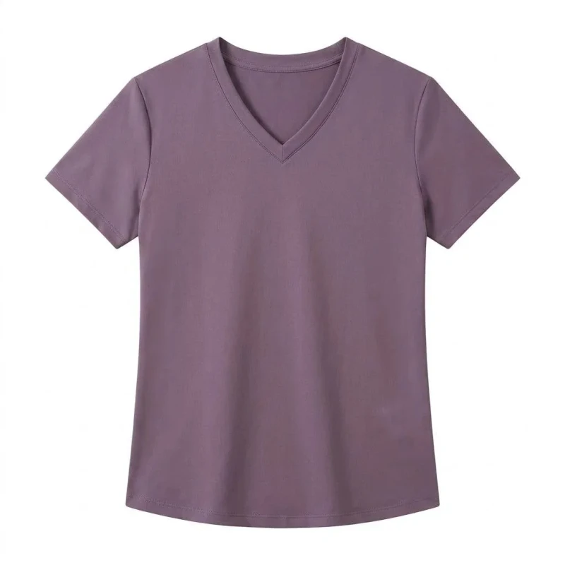 Womens-V-Neck-Short-Sleeve-T-Shirt-Solid-Plain-Dyed-Knitted-Fabric-Soft-Breathable-Basic-Casual-Tee-Customizable