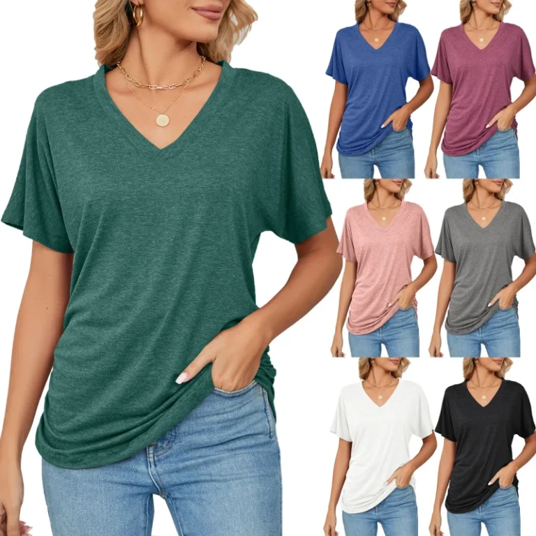 Womens-V-Neck-Summer-Casual-Loose-T-Shirt-Breathable-Rayon-Eco-Friendly-Plain-Top