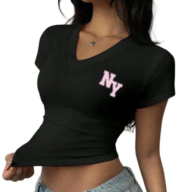 Womens-V-Neck-T-Shirt-NY-Letter-Print-Short-Sleeve-Slim-Fit-Cropped-Casual-Solid-Fashion-T-Shirt