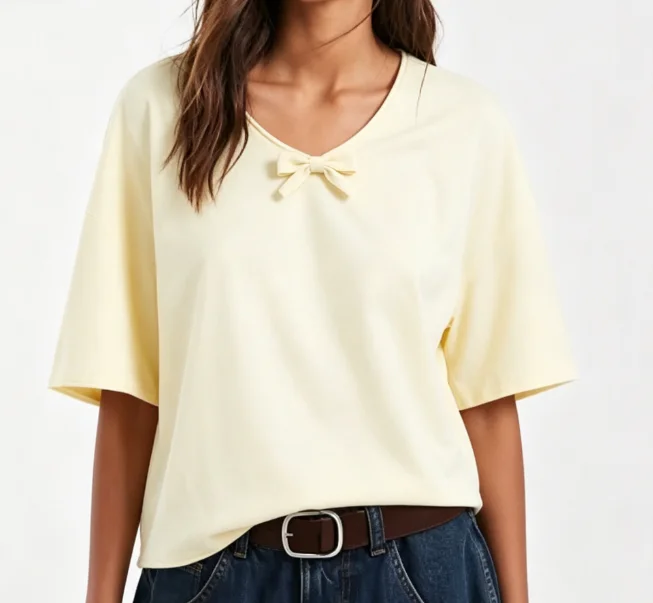 Womens-V-Neck-T-shirt-with-Bow-Knot-Detail-Casual-Loose-Light-Yellow-Short-Sleeve-Summer-Basic-Tee