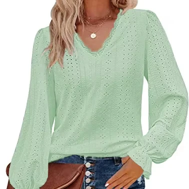 Womens-V-neck-T-shirt-Autumn-Hollow-Out-High-Quality-Casual-Pleated-Sleeve-Top-Shirt-OEM