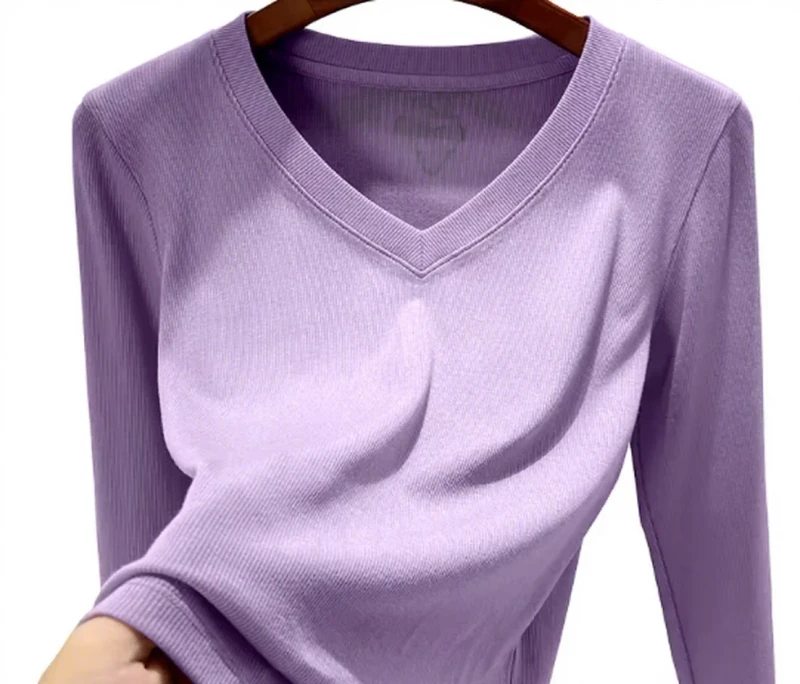 Womens-V-neck-T-shirt-Skinny-Fit-Full-Sleeved-Solid-Digital-Printing-Woven-Anti-Pilling-Casual-Multifunctional