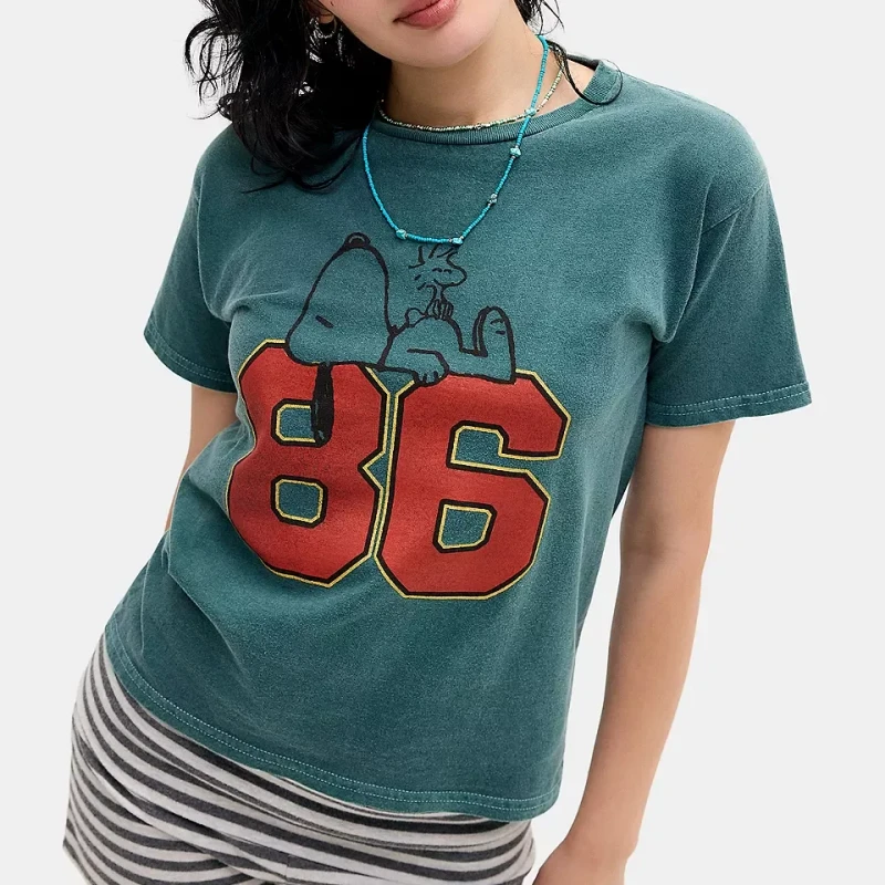 Womens-Vintage-Washed-Cropped-T-Shirt-Teal-Green-Anime-Characters-Graphic-Print-Relaxed-Fit-Casual-Daily-Streetwear-Top