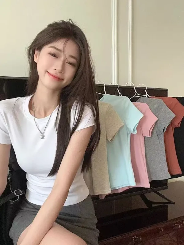Womens-White-Short-Sleeve-T-Shirt-Korean-Regular-Fit-Casual-Inner-Wear-Top-Spandex-Polyester-New-Base