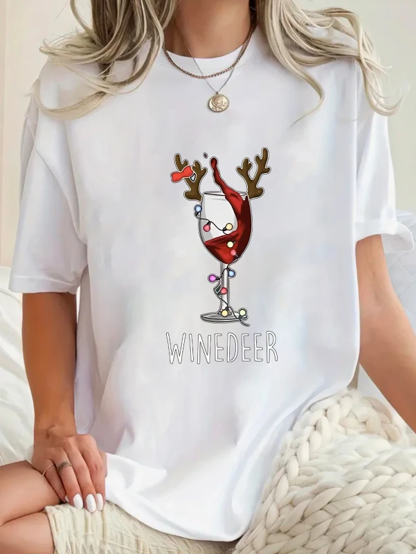Womens-Winter-Christmas-Funny-Xmas-Wine-Deer-Graphic-Logo-Knitted-Loose-Fit-Casual-Short-Sleeve-T-Shirt