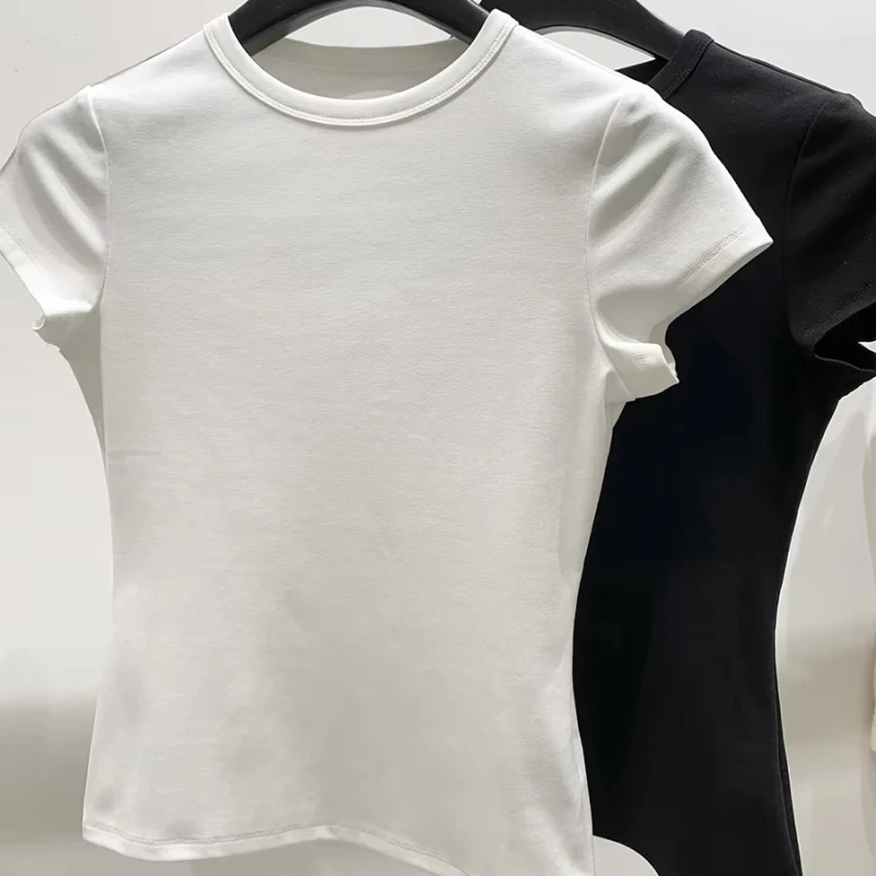 Womens-XS-XL-Size-Summer-Cotton-Short-Sleeved-Round-Neck-T-Shirts-Solid-Color-Printed-Tight-Fitting-Knitted-Baby-Tees