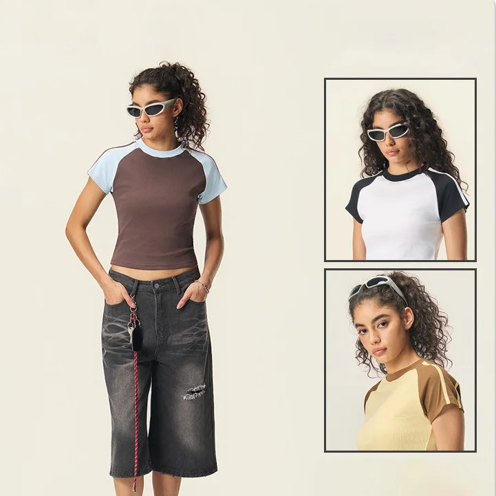Y2K-Hot-Girl-Style-Womens-Striped-Raglan-Tee-Vintage-American-Street-Color-Block-Stretchy-Slim-Fit-Short-Sleeve-T-Shirt