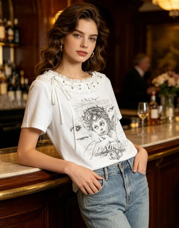Y2K-Lace-Off-Shoulder-T-Shirt-Vintage-Angel-Print-Drawstring-Tee