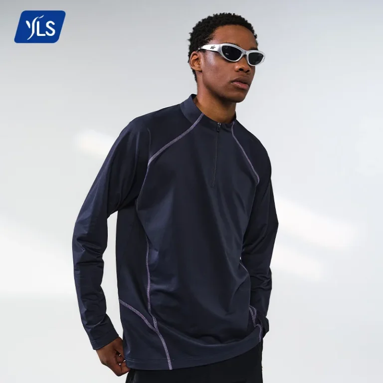 YLS1298-High-Neck-Half-Zip-Performance-Tee-Wind-Resistant-Solid-Loose-Fit-Knitted-7A-Antimicrobial-Reflective-Detail