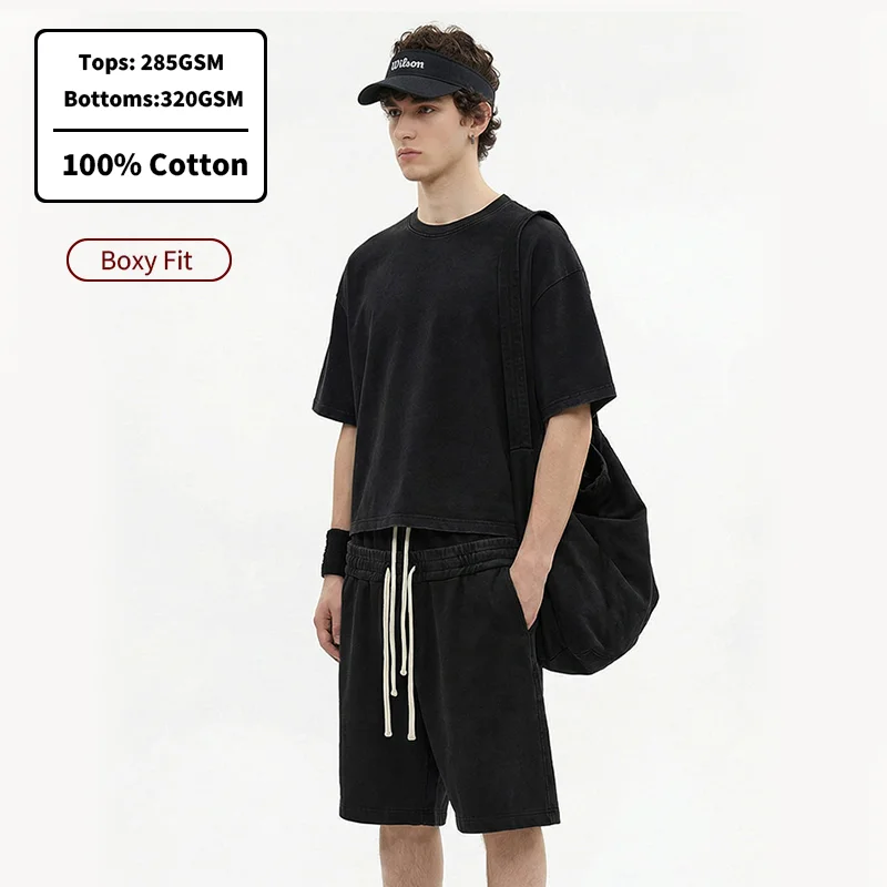 YLS5073-Puff-Printing-Custom-Plain-100-Cotton-Shorts-Set-Oversized-Boxy-Fit-T-Shirt-Mens-Shorts-Tracksuit-Clothes