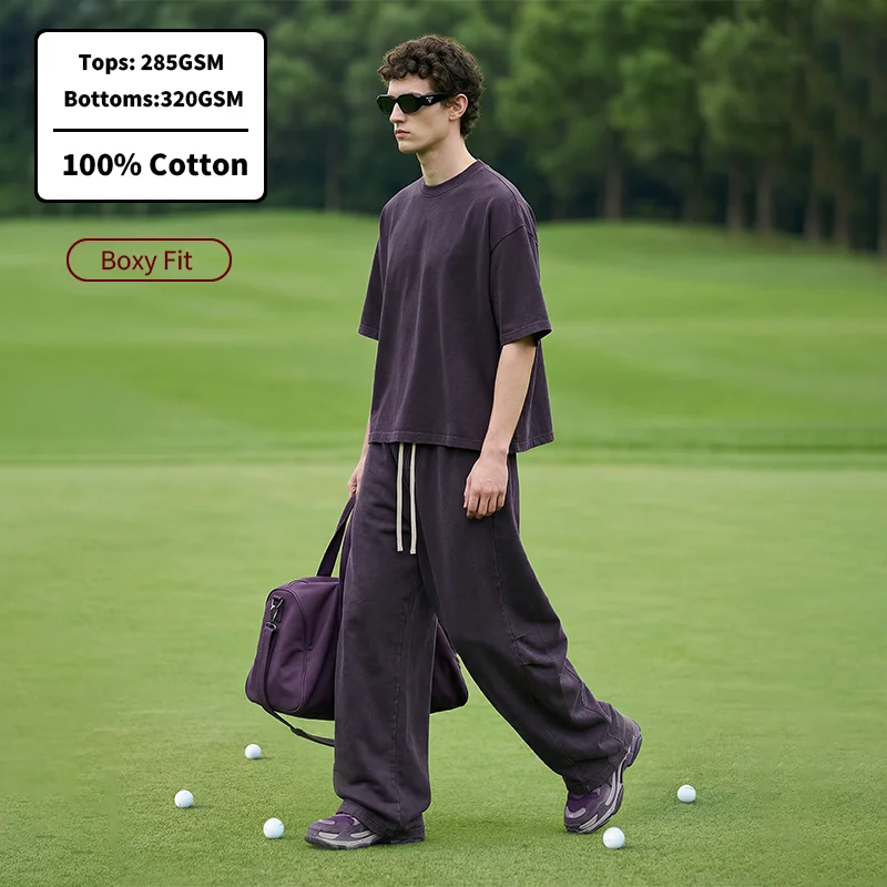 YLS5074-100-Cotton-Puff-Printing-Custom-Snow-Wash-Blank-T-Shirt-Oversized-Boxy-Fit-Sweat-Pants-Suit-for-Men