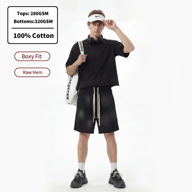 YLS5075-Monkey-Wash-Oversized-Raw-Hem-T-Shirt-and-Short-Set-Boxy-Fit-100-Cotton-Custom-Plain-Track-Suit-for-Men-1