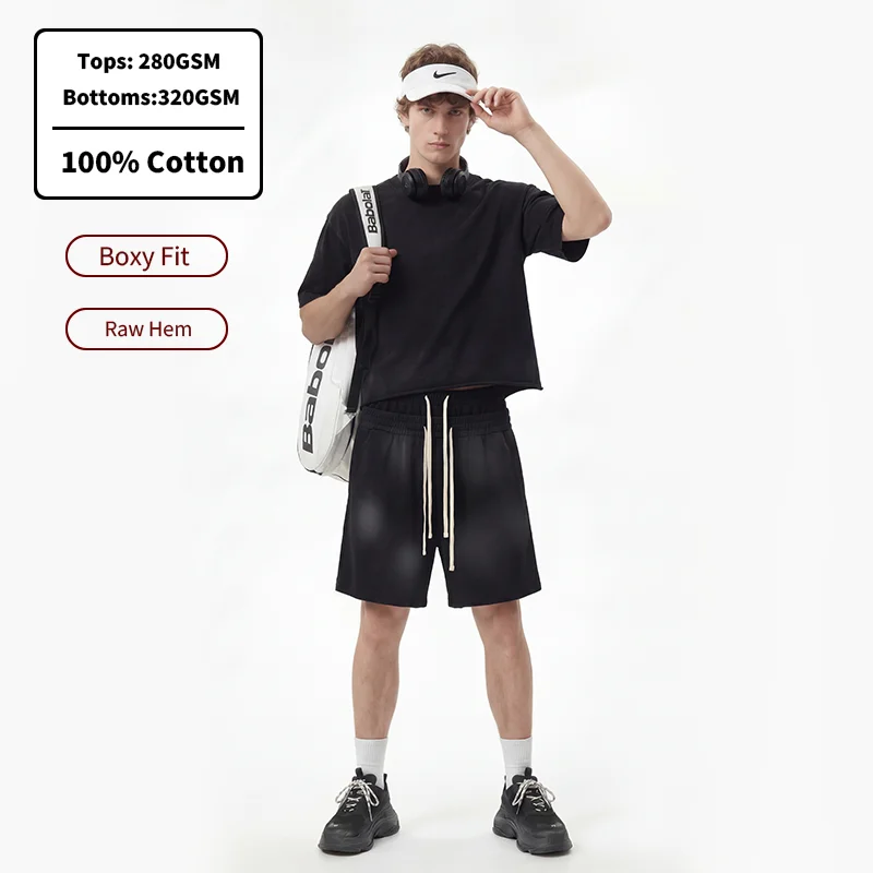 YLS5075-Monkey-Wash-Oversized-Raw-Hem-T-Shirt-and-Short-Set-Boxy-Fit-100-Cotton-Custom-Plain-Track-Suit-for-Men-1