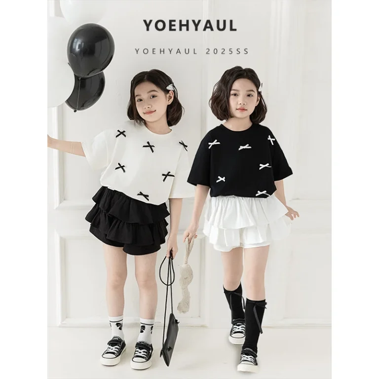 YOEHYAUL-CD1207-Summer-Big-Girls-Tshirts-Beige-Black-Bows-Teenager-Toddler-Cotton-T-shirt-T-Shirt-for-Kids