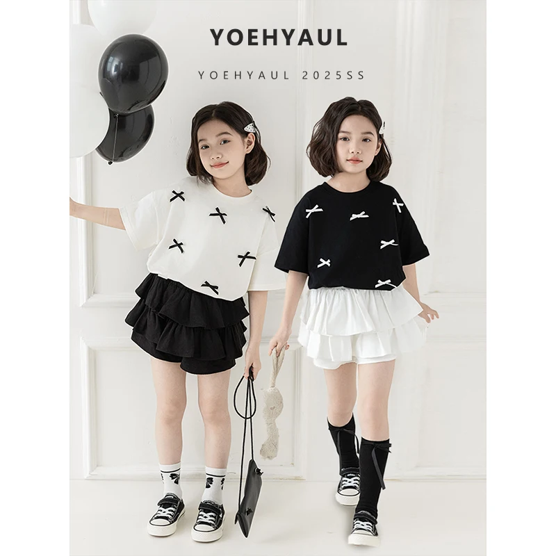 YOEHYAUL-CD1207-Summer-Big-Girls-Tshirts-Beige-Black-Bows-Teenager-Toddler-Cotton-T-shirt-T-Shirt-for-Kids