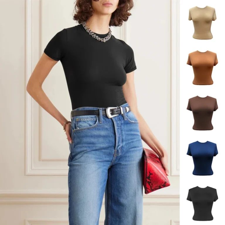 YUNCHI-2501-Kim-Same-Style-Womens-Tight-Breathable-Round-Neck-Solid-Color-Customizable-Casual-T-shirt
