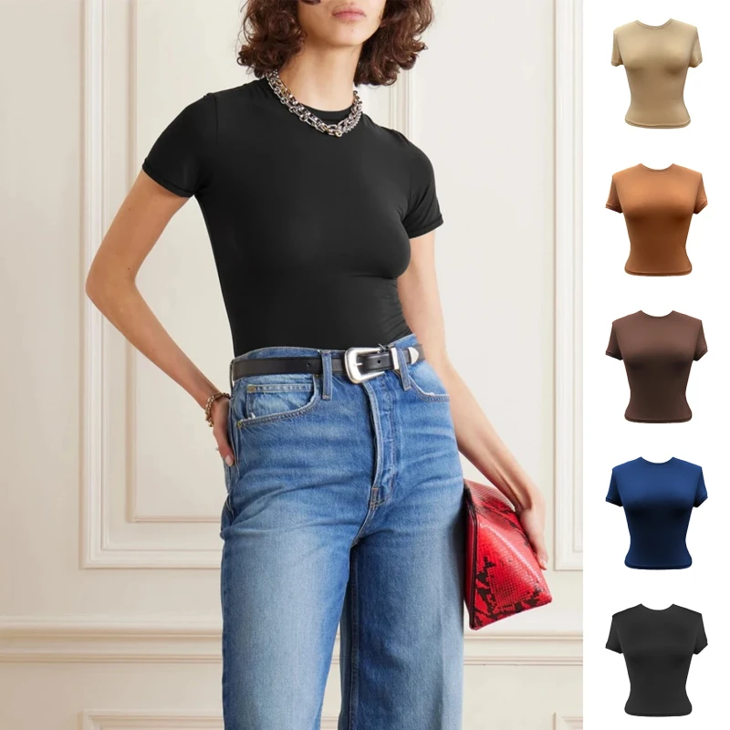 YUNCHI-2501-Kim-Same-Style-Womens-Tight-Breathable-Round-Neck-Solid-Color-Customizable-Casual-T-shirt