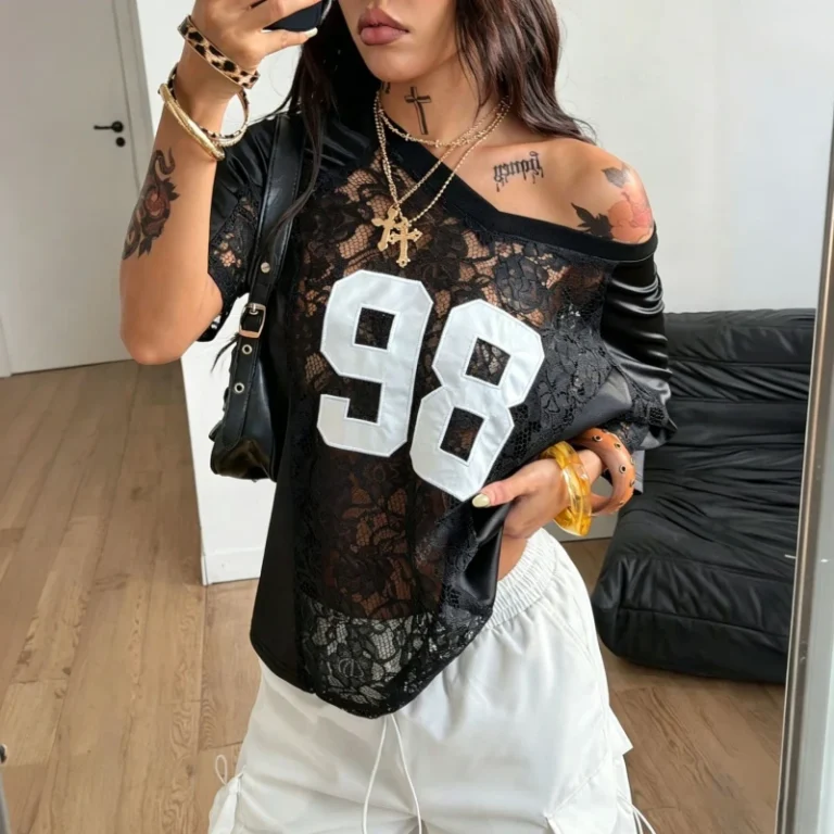 ZONA-Printed-Casual-Street-style-See-through-Sexy-Lace-Patchwork-T-shirt-Short-sleeve-Top-Hot-Girl-T-Shirt